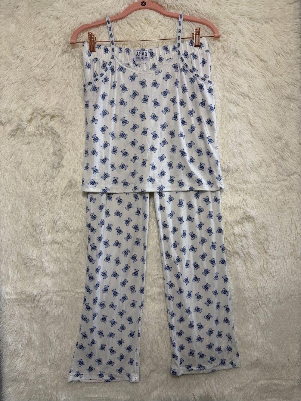Aeropostale Womens Teddy Bear Print Pointelle 2pc Pajamas Set Size M Sleepwear
